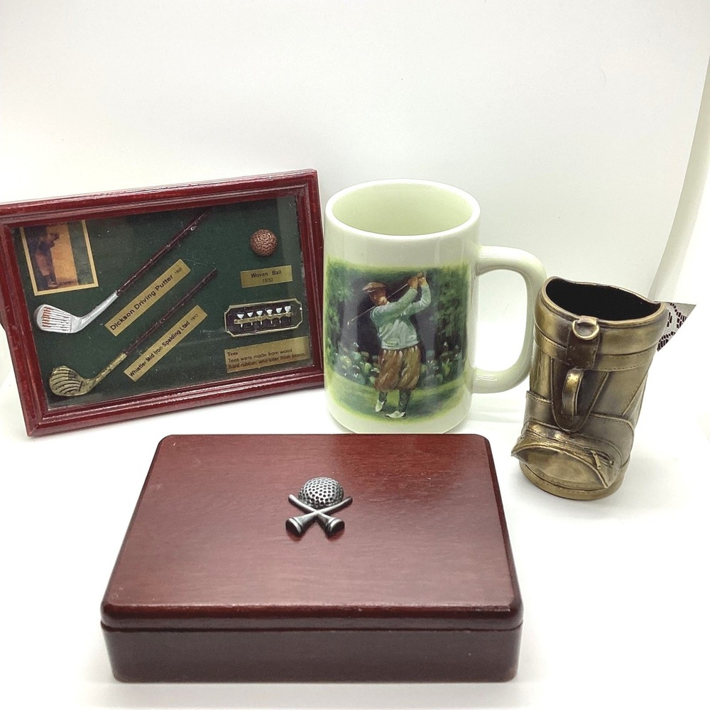 Vintage Golf Decor Lot Otagiri Mug Card Box Shadow Box Golf Bag Figurine 4pc Set